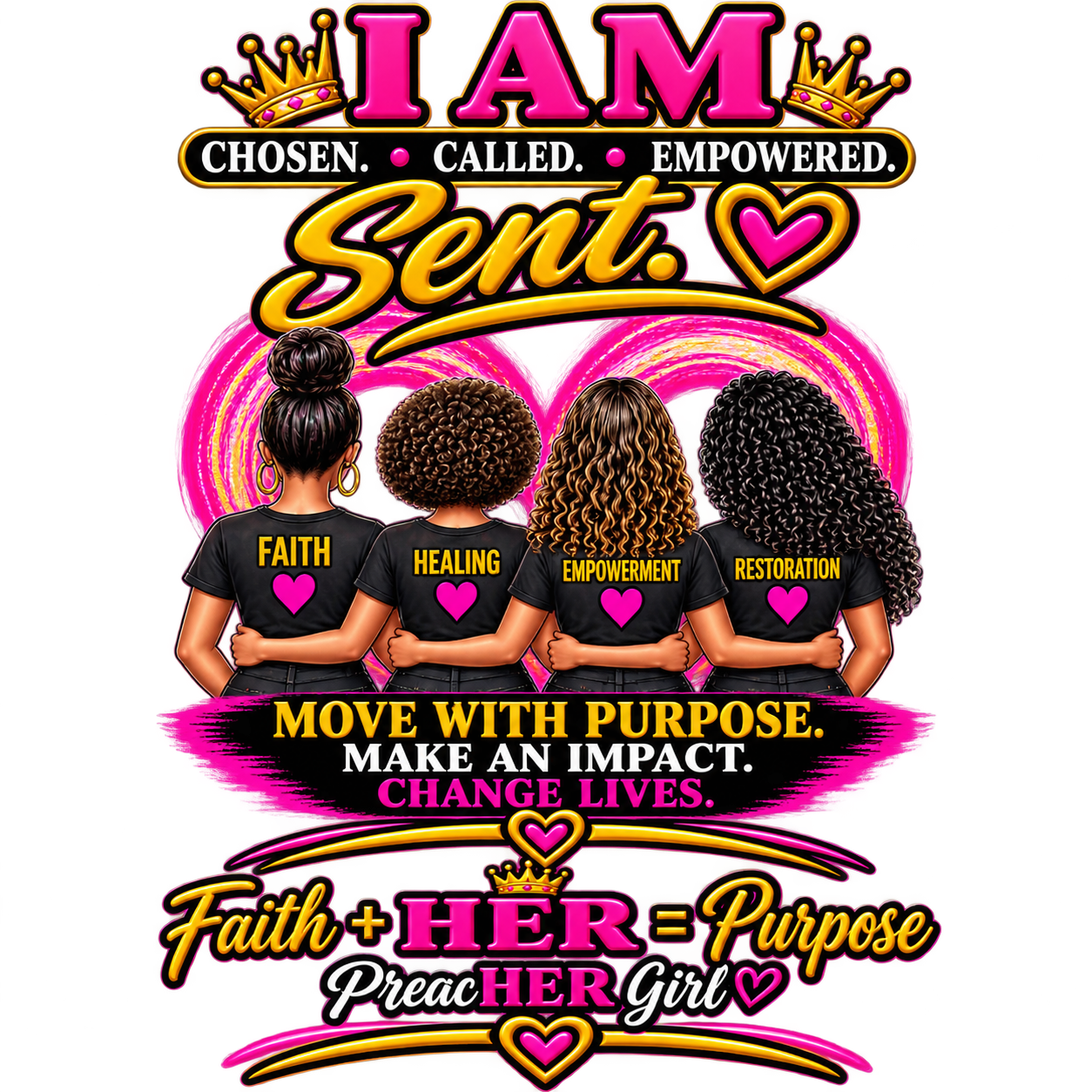 I AM HER artwork showing four sisters united in faith, healing, empowerment, and restoration, moving with purpose to change lives.